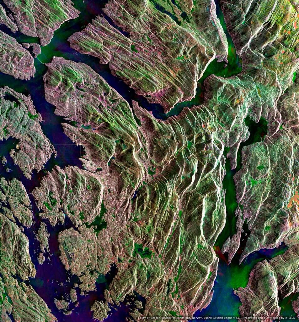 City of Bergen, County of Hordaland, Norway. COSMO-SkyMed Image © ASI. Processed and distributed by e-GEOS